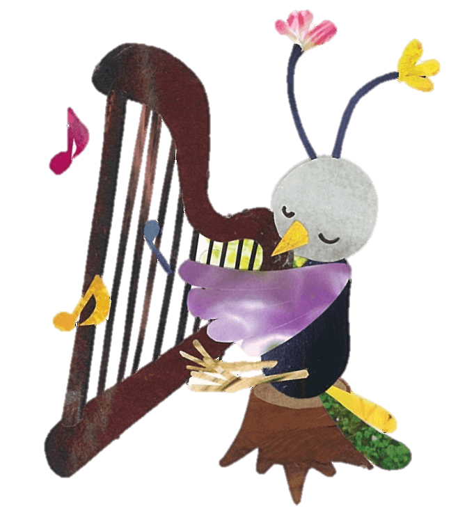 Coloful little bird playing the harp