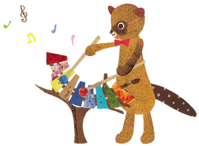 Bow-tie-wearing raccoon dog playing coloful xylophone